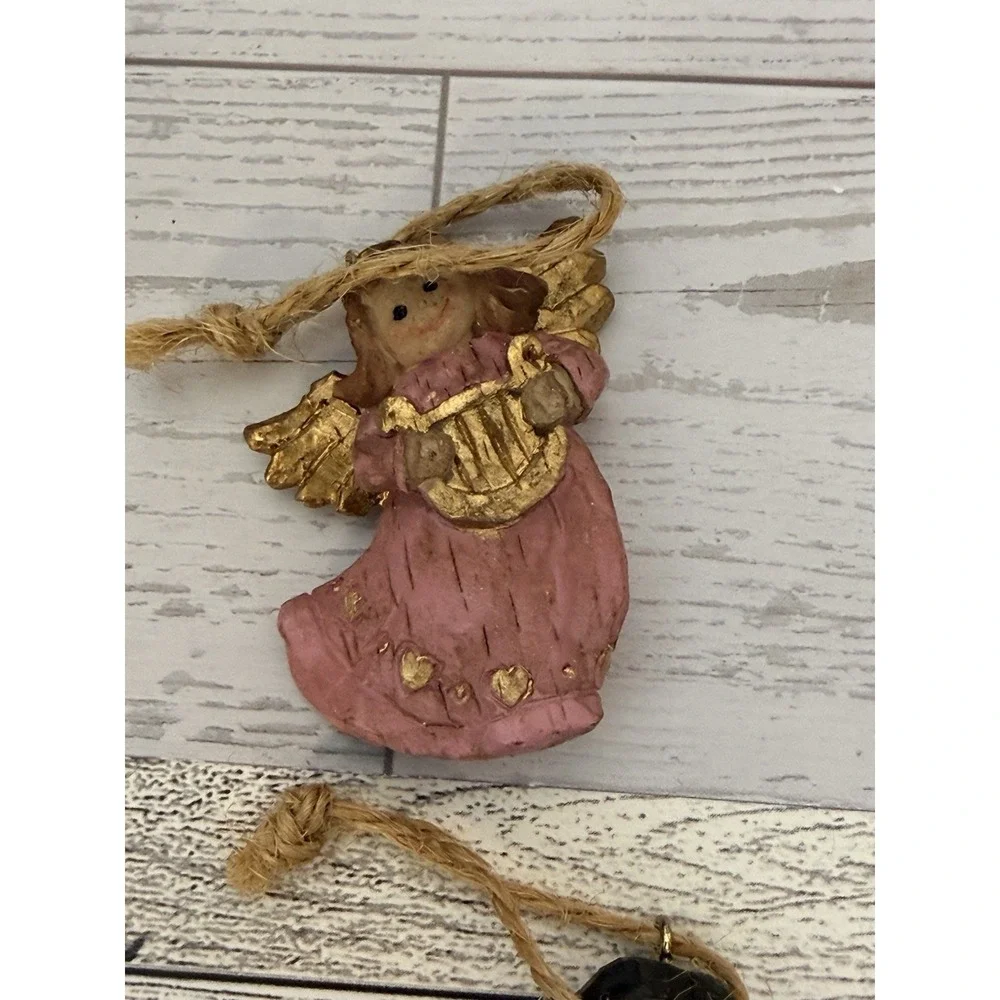 Vintage Y2K Primitive Country Ornaments Set Of 6 Angel Snowman Stocking Santa 2